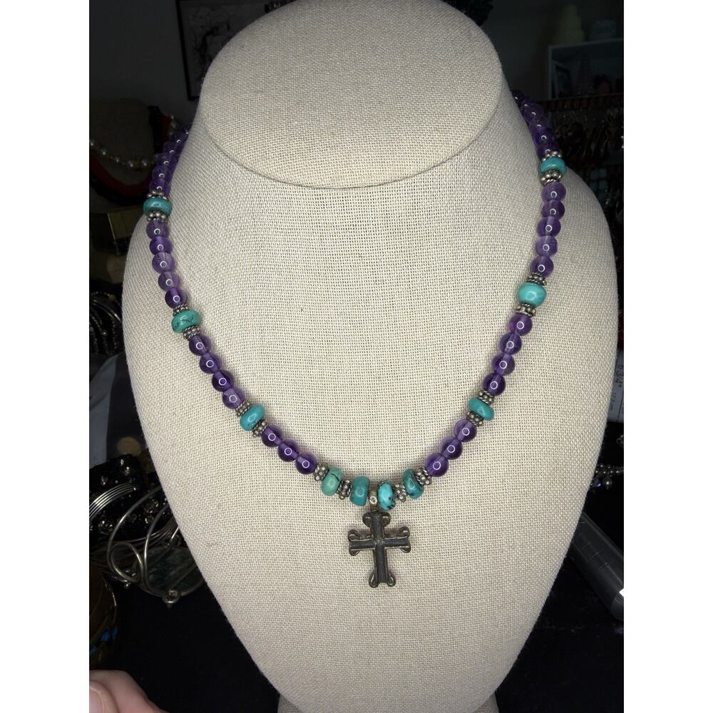 Native American sterling silver turquoise and amethyst cross necklace 18 In